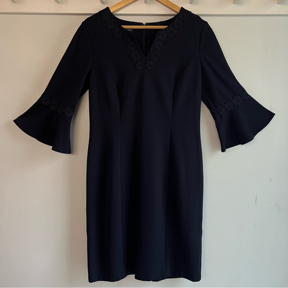 Talbots Navy Bell Sleeve Dress with Lace Trim